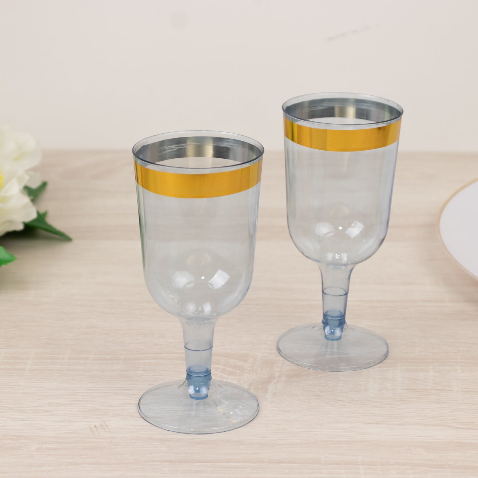 12 Pack Plastic Short Stem Wine Glasses 6oz Transparent Dusty Blue/Gold Rim - Disposable Cups for Parties