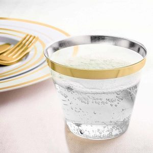 25-Pack Plastic Party Cups 9oz Clear Crystal with Gold Rim - Short Disposable Drink Tumblers